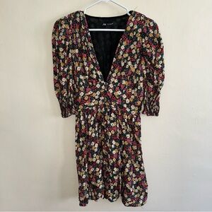 Zara Vintage Floral Shoulder Pad Button Front Mini Dress